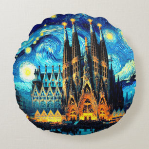 Starry Sagrada Familia Barcelona Round Cushion