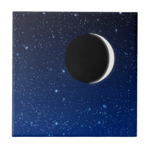 Starry Sky and Crescent Moon, Deep Blue to Black Ceramic Tile