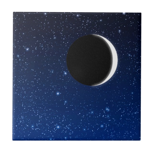 Starry Sky and Crescent Moon, Deep Blue to Black Ceramic Tile (Front)
