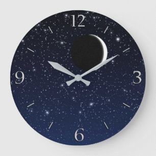 Starry Sky and Crescent Moon, Deep Blue to Black Large Clock