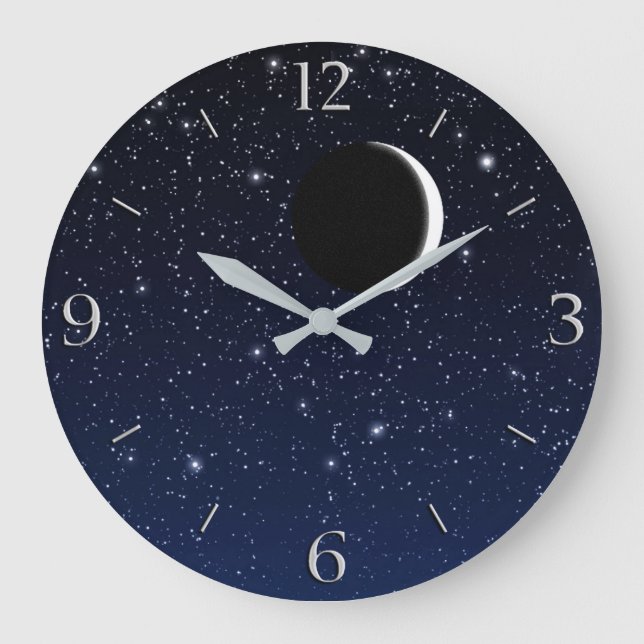 Starry Sky and Crescent Moon, Deep Blue to Black Large Clock (Front)
