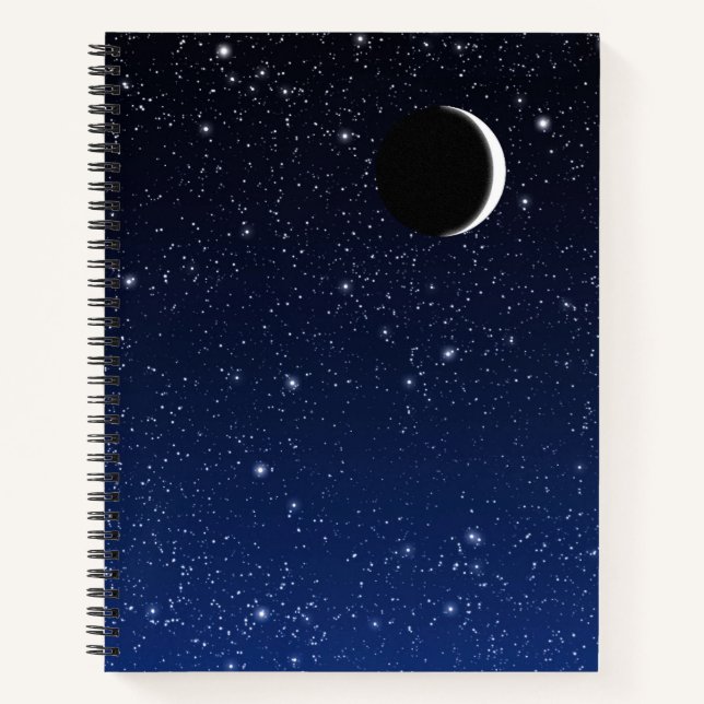 Starry Sky and Crescent Moon, Deep Blue to Black Notebook (Front)