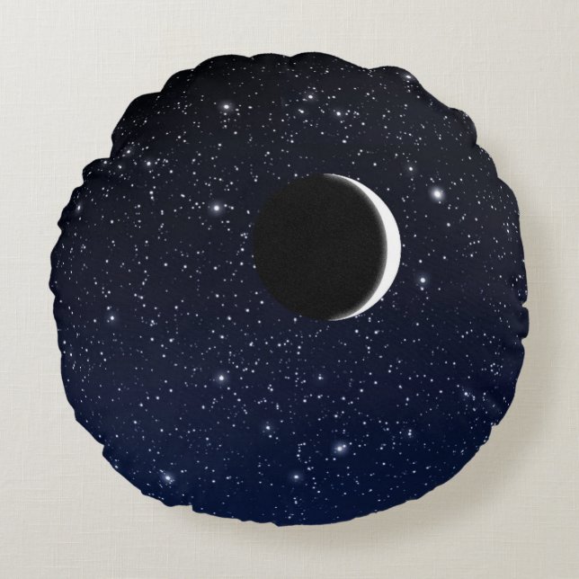 Starry Sky and Crescent Moon, Midnight Blue Round Cushion (Front)