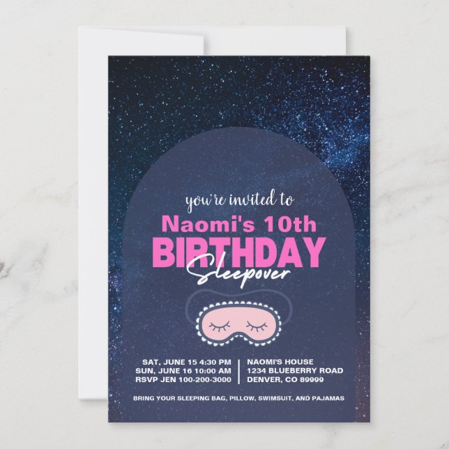 Starry Sky and Pink Birthday Sleepover Invitation (Front)