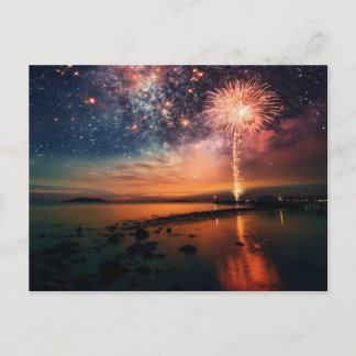 Starry Sky Fireworks Over Beach Postcard