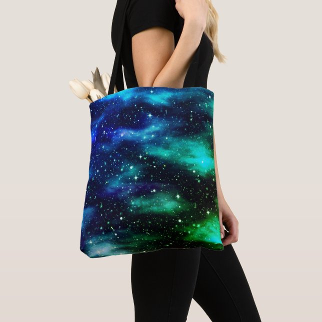 Starry Sky Galaxy Blue & Teal Tote Bag (Close Up)