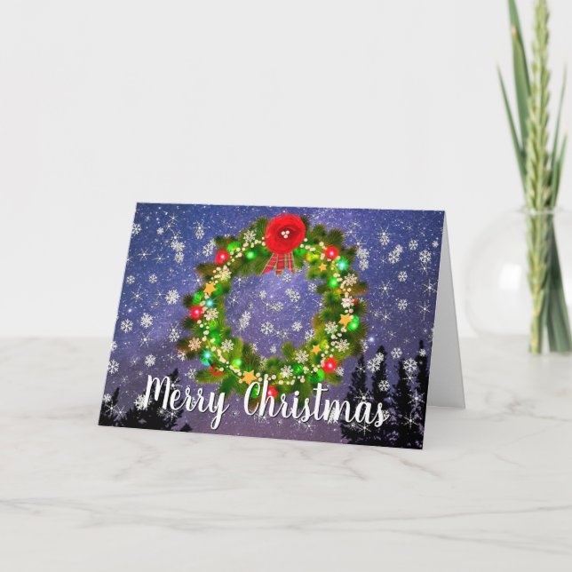 Starry Snowy Night Christmas Wreath Custom Holiday Card (Front)
