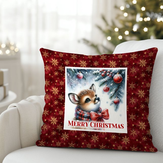 Starry snowy scene baby fawn winter forest kids  cushion (Starry snowy scene baby fawn winter forest kids decor)