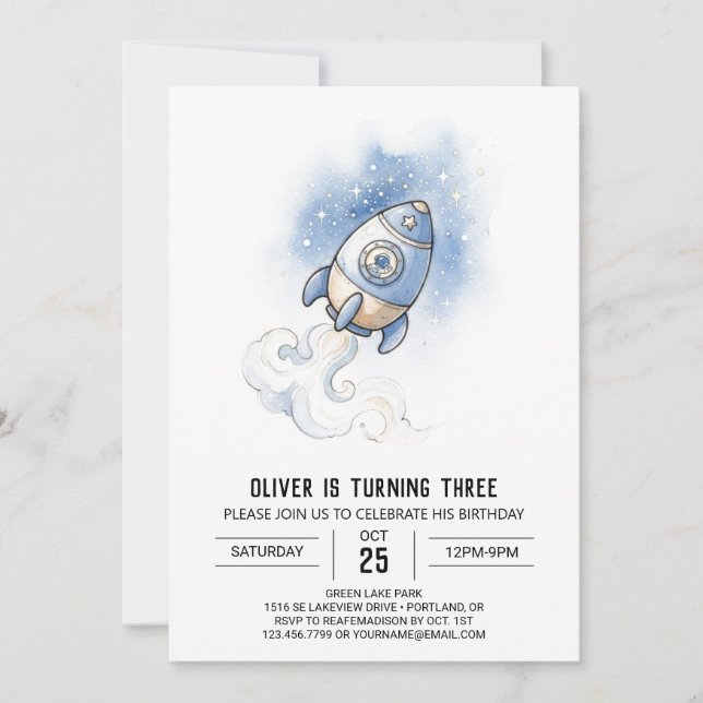 Starry Space Rocket Birthday Invitation (Front)