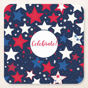 Starry Splendour: Red, White Blue Party Square Paper Coaster