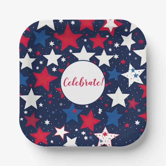 Starry Splendour: Red, White Blue Party Square Paper Plate (Front)