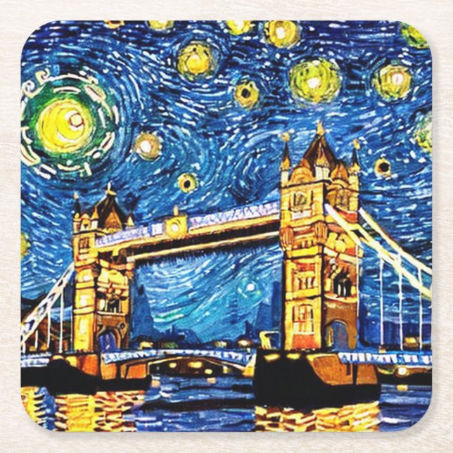 Starry Starry Night London England Square Paper Coaster (Front)