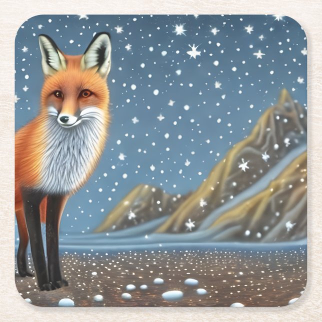 Starry Starry Night Storybook Fox Square Paper Coaster (Front)