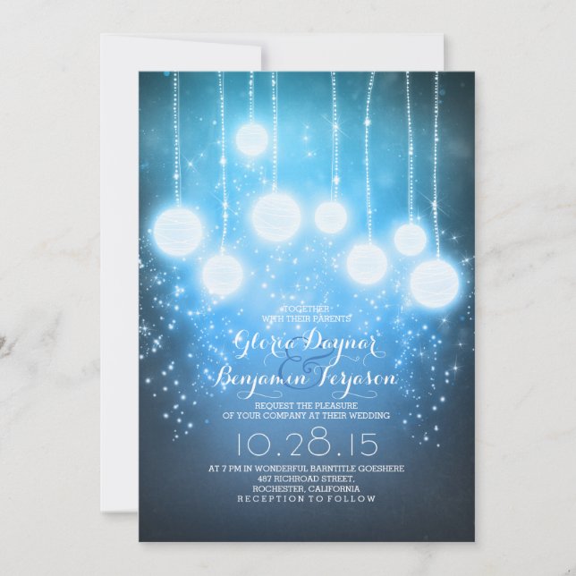 starry string lights & lanterns blue wedding invitation (Front)