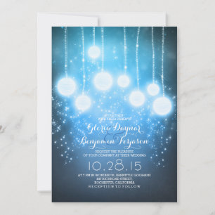 starry string lights & lanterns blue wedding invitation