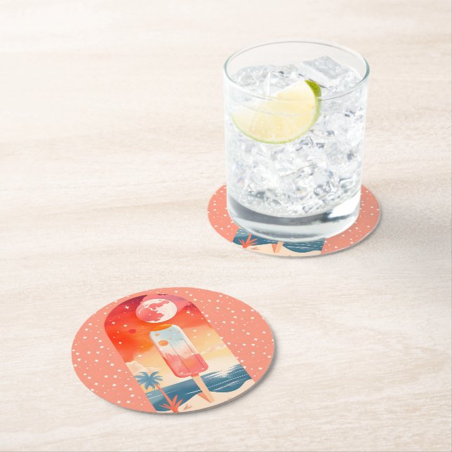 Starry Summer Tropical Night Round Paper Coaster (Insitu)