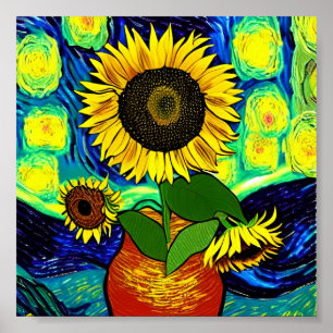 Starry Sunflower Night Poster