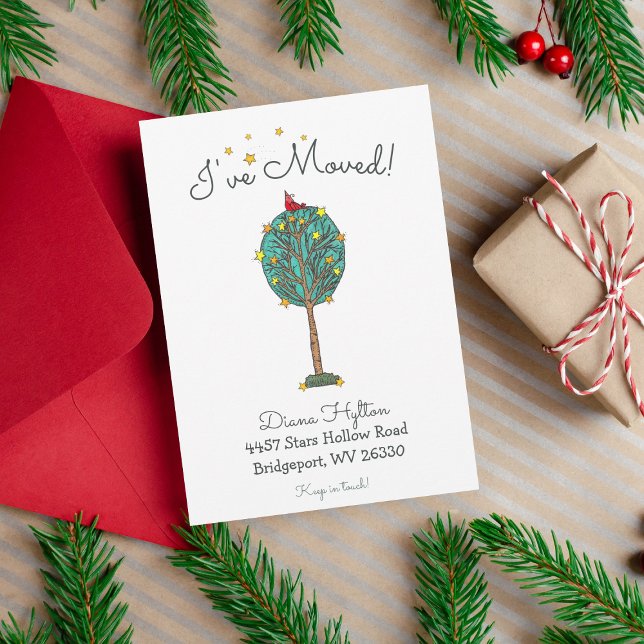 Starry Tree and Red Bird Shooting Star New Address Announcement (Holiday New Address Card)