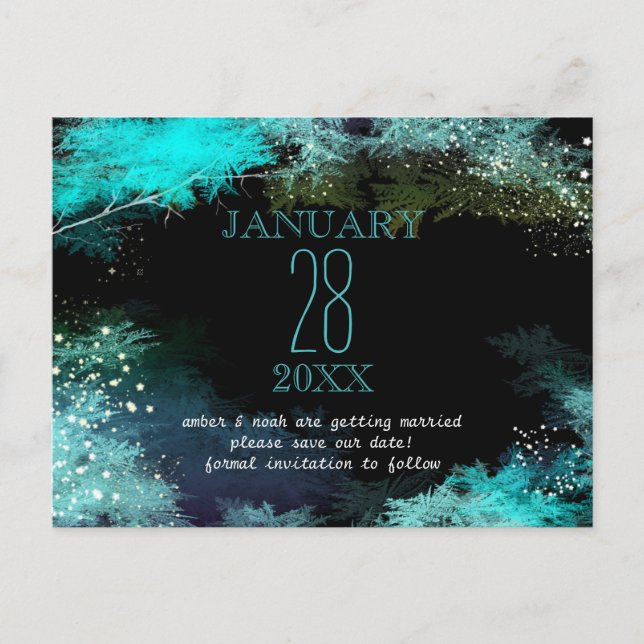 Starry Turquoise Forest Boho Wedding Save the Date Announcement Postcard (Front)