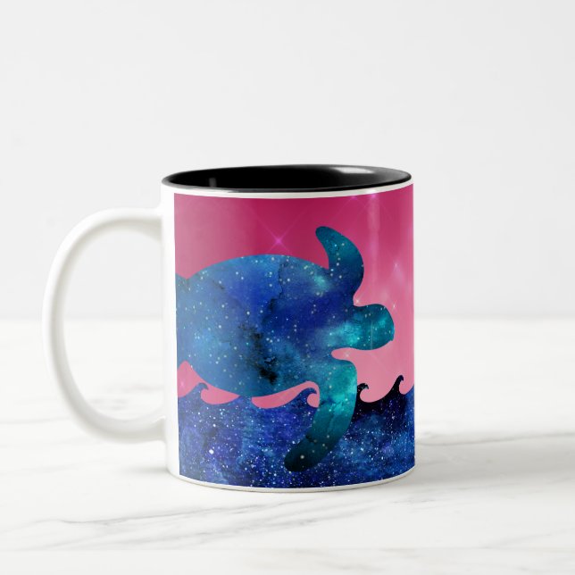 Starry Turtle over waves, red and pink starry back Two-Tone Coffee Mug (Left)
