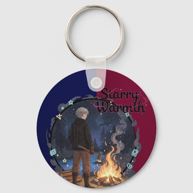 Starry Warmth - Lumberjack Anime Boy by Campfire Key Ring (Front)