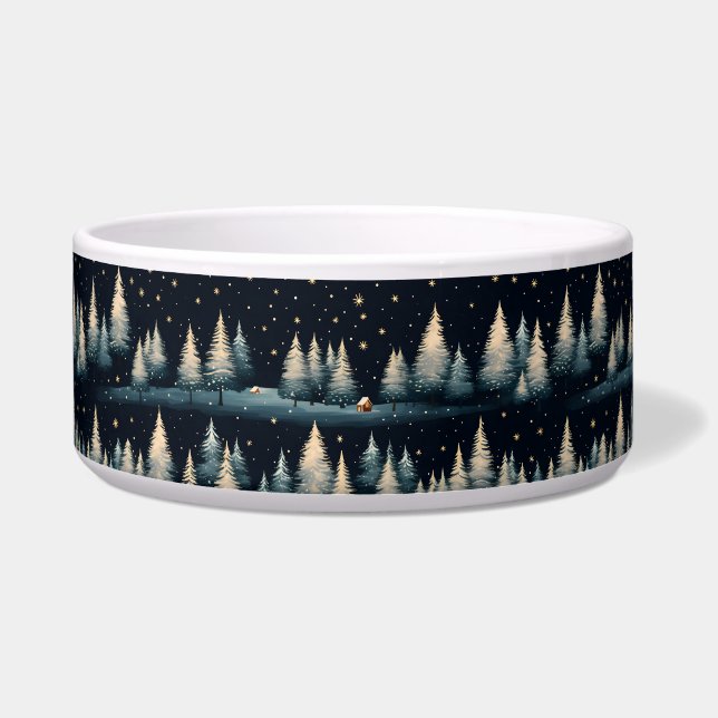 Starry Winter Forest Night Ceramic Pet Bowl (Front)