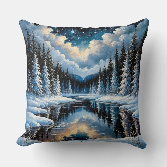 Starry Winter Landscape with Snowy Trees Cushion (Front)