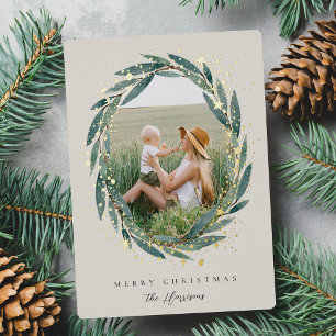 Starry Winter Laurel   Photo Foil Holiday Card