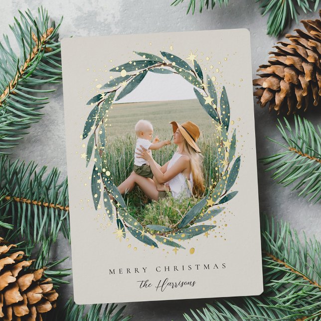 Starry Winter Laurel | Photo Foil Holiday Card (Creator Uploaded)