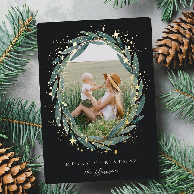 Starry Winter Laurel | Photo Foil Holiday Card (Creator Uploaded)