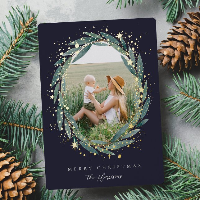 Starry Winter Laurel | Photo Foil Holiday Card (Creator Uploaded)