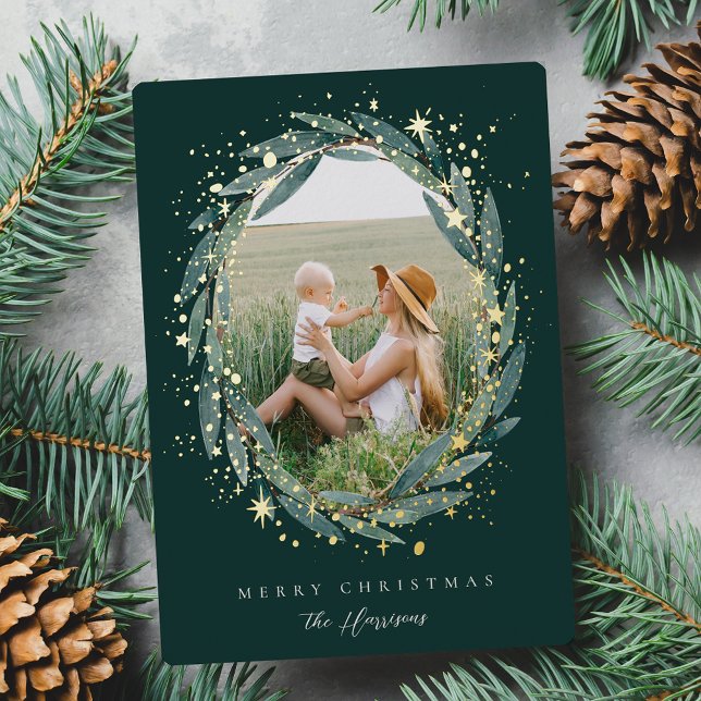 Starry Winter Laurel | Photo Foil Holiday Card (Creator Uploaded)