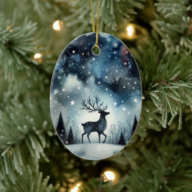 Starry Winter Night Deer Ceramic Ornament (Tree)