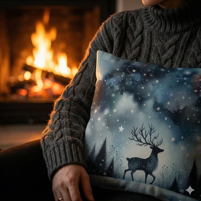 Starry Winter Night Deer Cushion (Starry Winter Night Deer Throw Pillow)