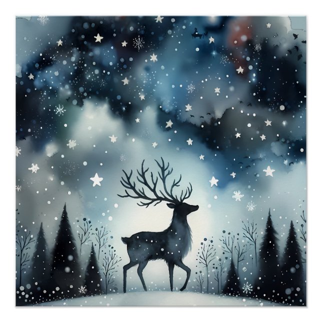 Starry Winter Night Deer  Poster (Front)