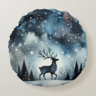 Starry Winter Night Deer Round Cushion
