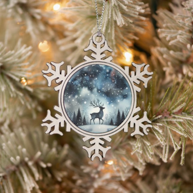 Starry Winter Night Deer Snowflake Pewter Christmas Ornament (Tree)