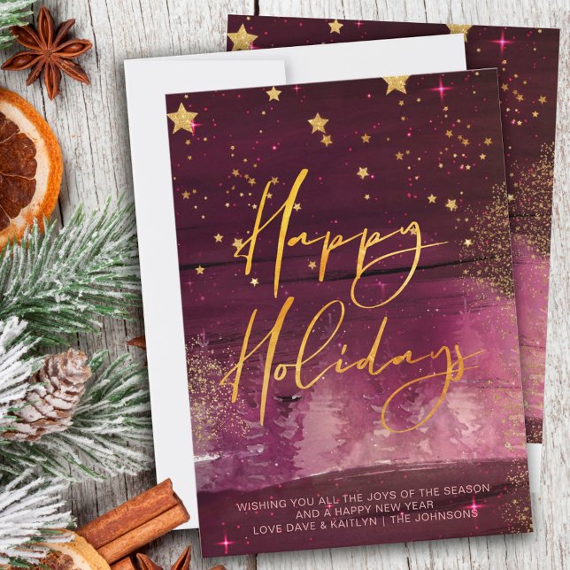 Starry Winter Night Happy Holidays Ruby Gold Holiday Card (Creator Uploaded)