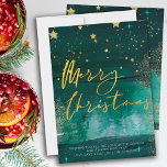 Starry Winter Night Merry Christmas Green Gold Holiday Card<br><div class="desc">Starry winter night Merry Christmas holiday card with elegant gold script calligraphy. This chic and modern design combines green watercolor brush strokes, gold stars, starlight glow, gold dust and a misty forest. It is hand lettered with Merry Christmas and the template is set up for you to add your personalised...</div>