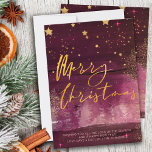 Starry Winter Night Merry Christmas Ruby Gold Holiday Card<br><div class="desc">Starry winter night Merry Christmas holiday card with elegant gold script calligraphy. This chic and modern design combines ruby watercolor brush strokes, gold stars, starlight glow, gold dust and a misty forest. It is hand lettered with Merry Christmas and the template is set up for you to add your personalised...</div>