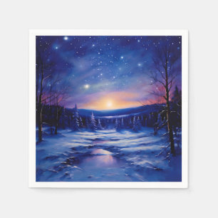 Starry Winter Night Painting with Snow Covered Napkin