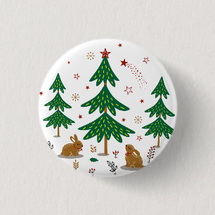 Starry Woodland Christmas Forest Rabbits 3 Cm Round Badge