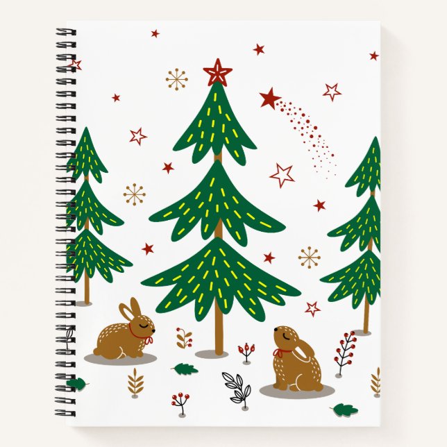Starry Woodland Christmas Forest Rabbits Notebook (Front)