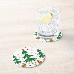 Starry Woodland Christmas Forest Rabbits Round Paper Coaster