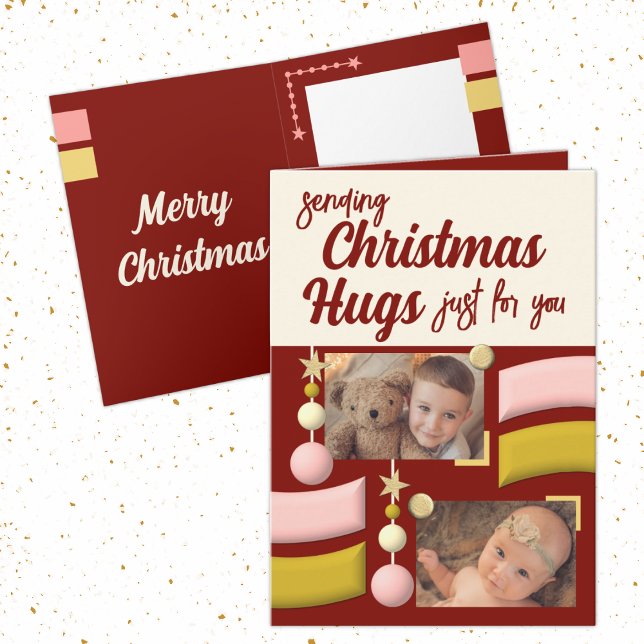 Stars and baubles christmas hugs gold and burgundy holiday card (Creator Uploaded)