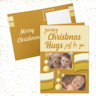 Stars and baubles christmas hugs gold and cream holiday card