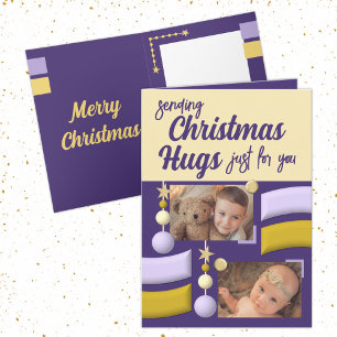 Stars and baubles christmas hugs gold and purple holiday card