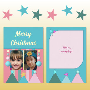 Stars and baubles merry christmas photos pink foil holiday card
