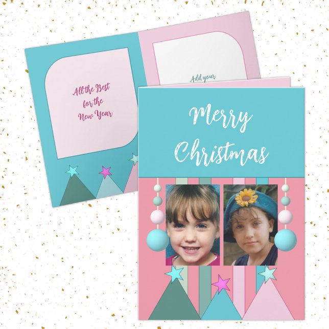 Stars and baubles merry christmas photos pink holiday card (Creator Uploaded)