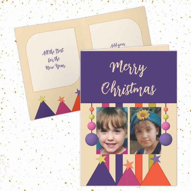 Stars and baubles merry christmas photos purple holiday card (Creator Uploaded)